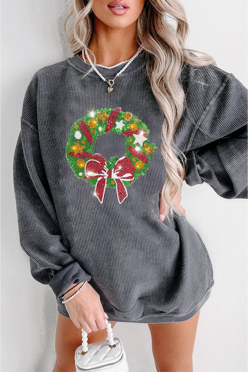 Gray Christmas Wreath Print Corded Pullover Sweatshirt